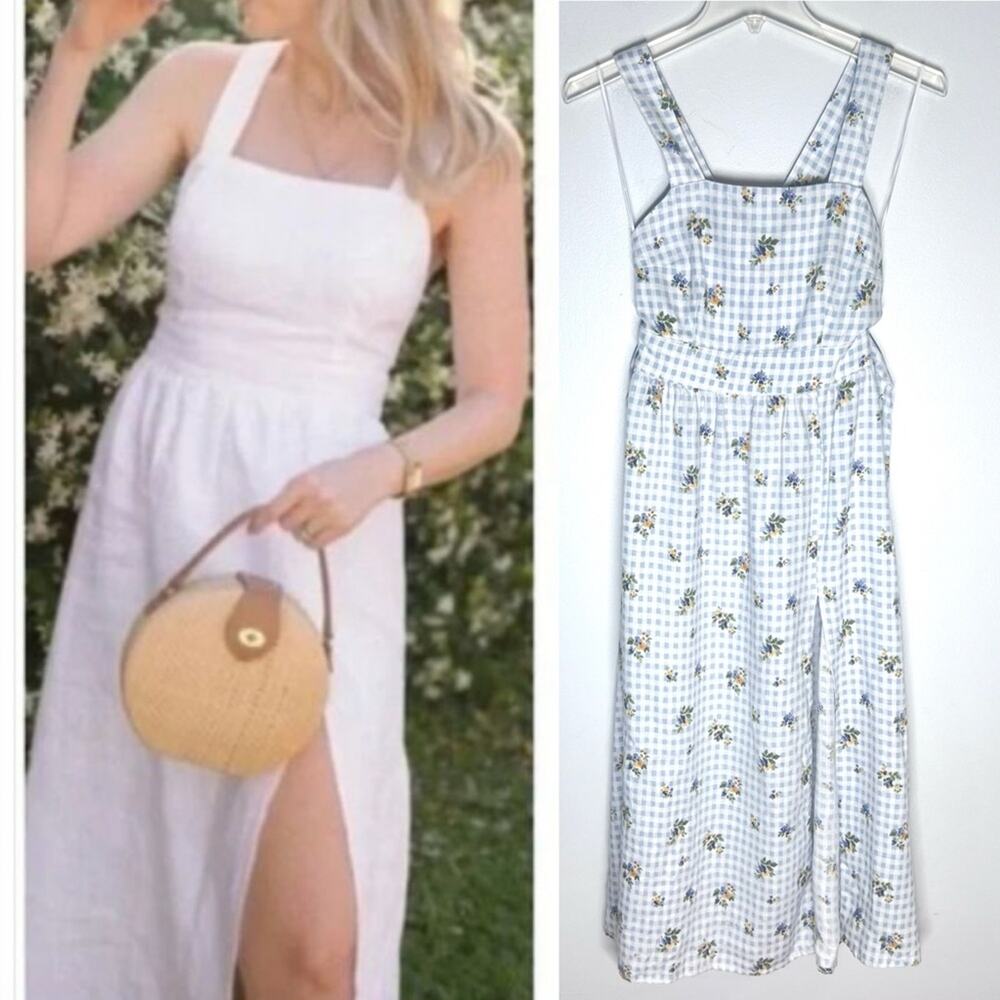 Reformation Elara Linen Midi Dress in Al Fresco Check Floral Sz 0